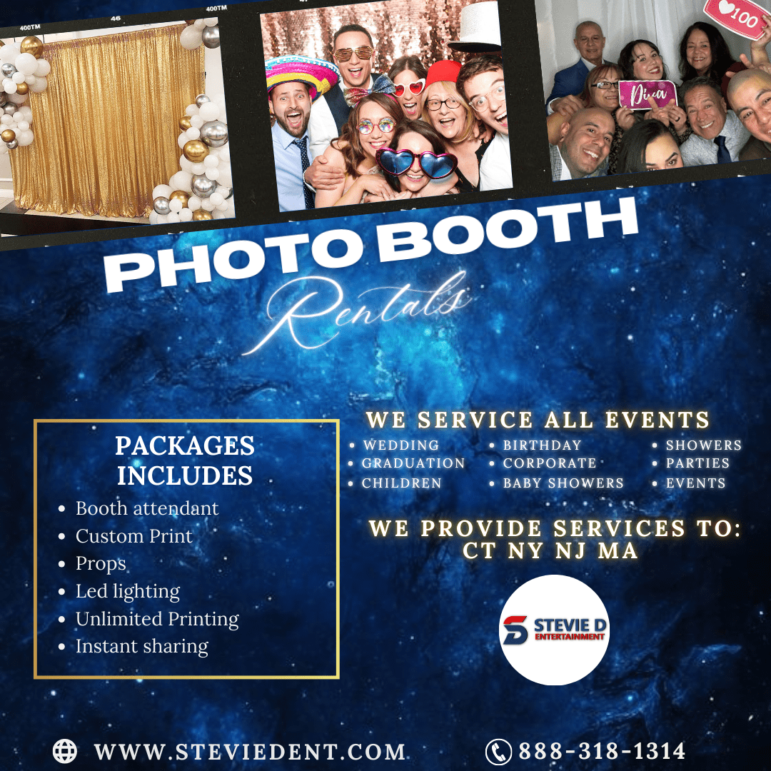 Photo booth rental packages by Stevie D Entertainment - includes booth attendant, custom prints, props, LED lighting