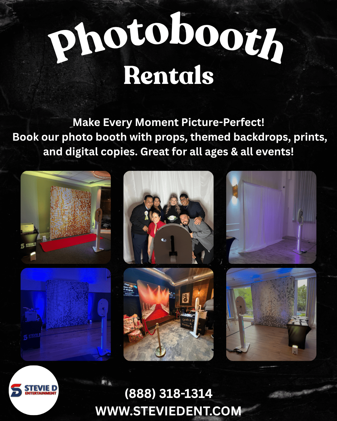 Photo booth rental events collage showing weddings, corporate events, and parties by Stevie D Entertainment